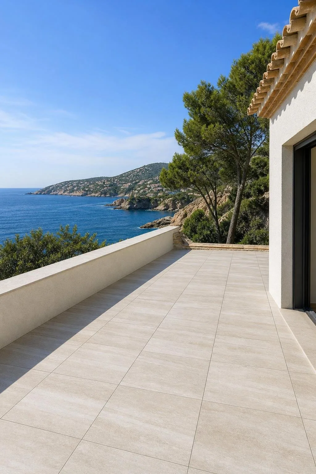Terraza impermeabilizada con suelo porcelánico claro y vistas al mar