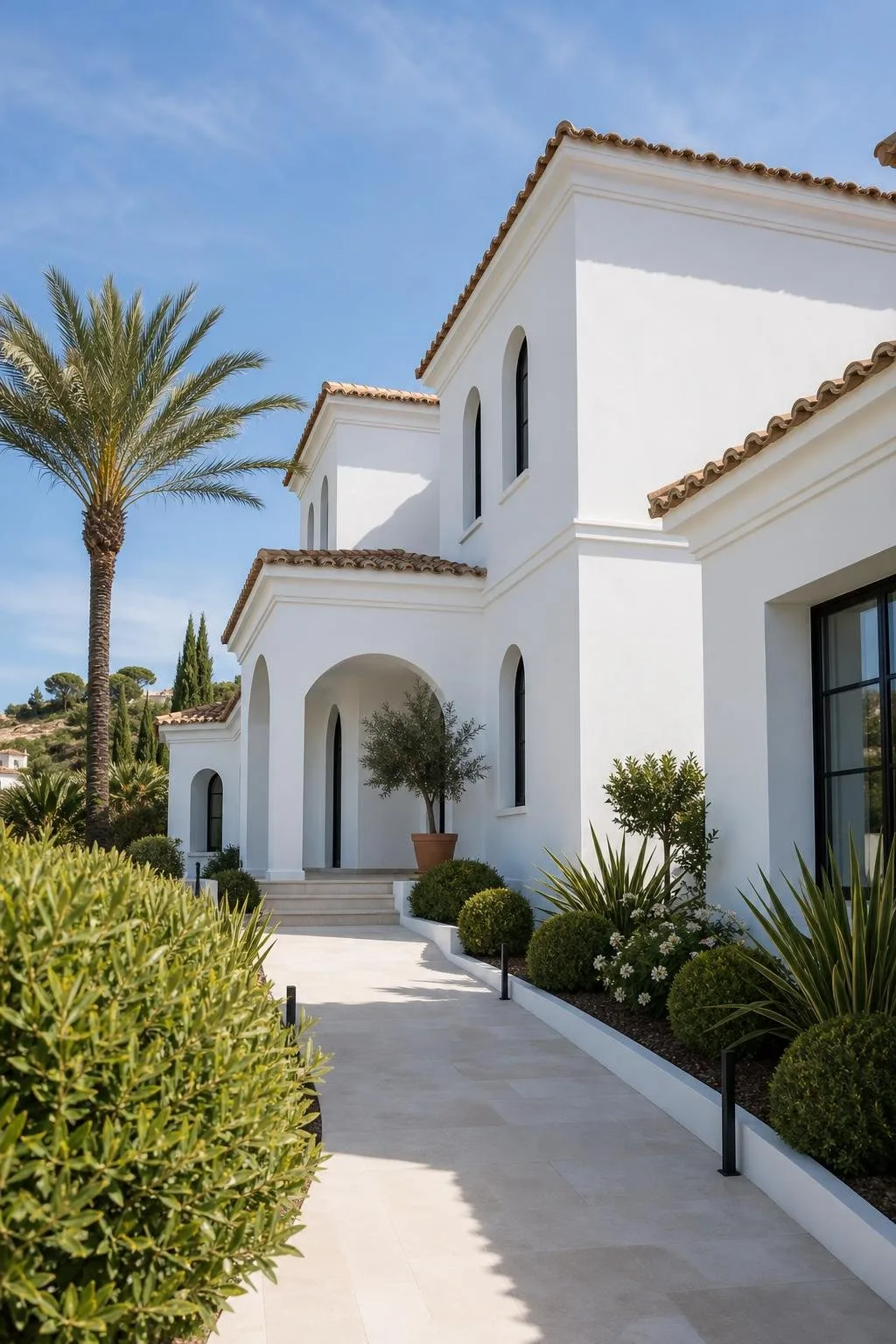 Fachada de villa recién lucida en blanco