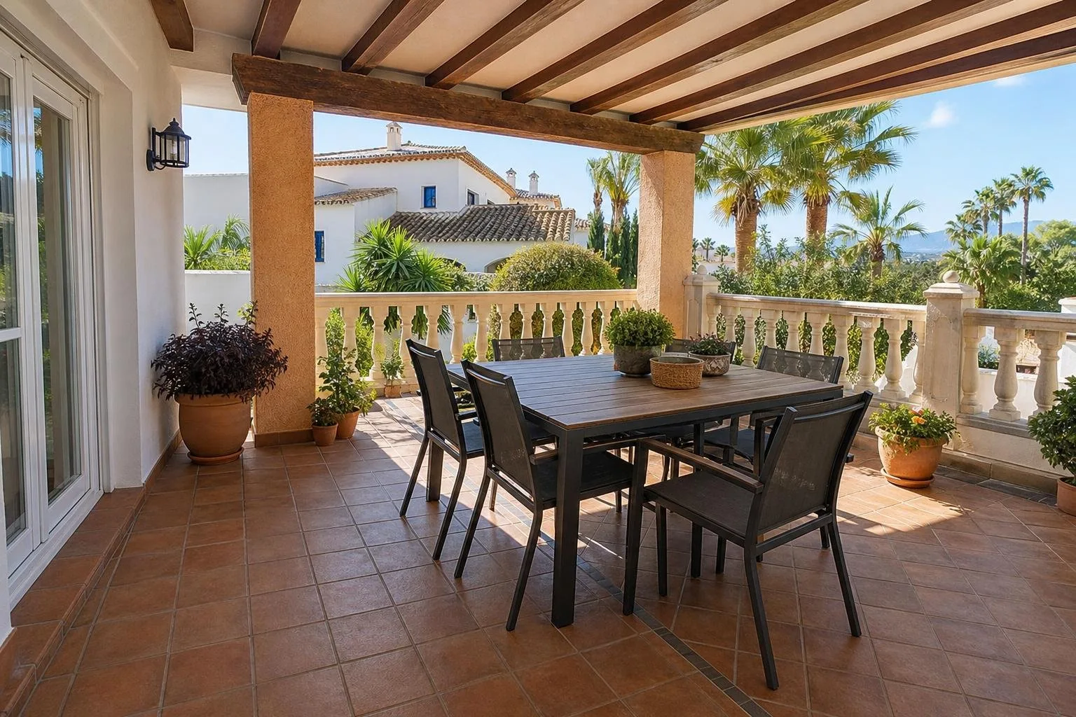 Terraza cubierta con mesa de comedor y suelo antideslizante