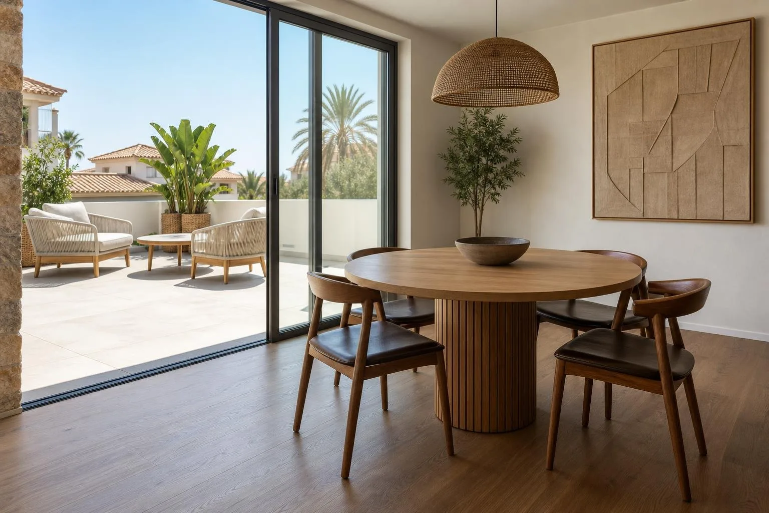 Comedor con puerta corredera de cristal hacia la terraza