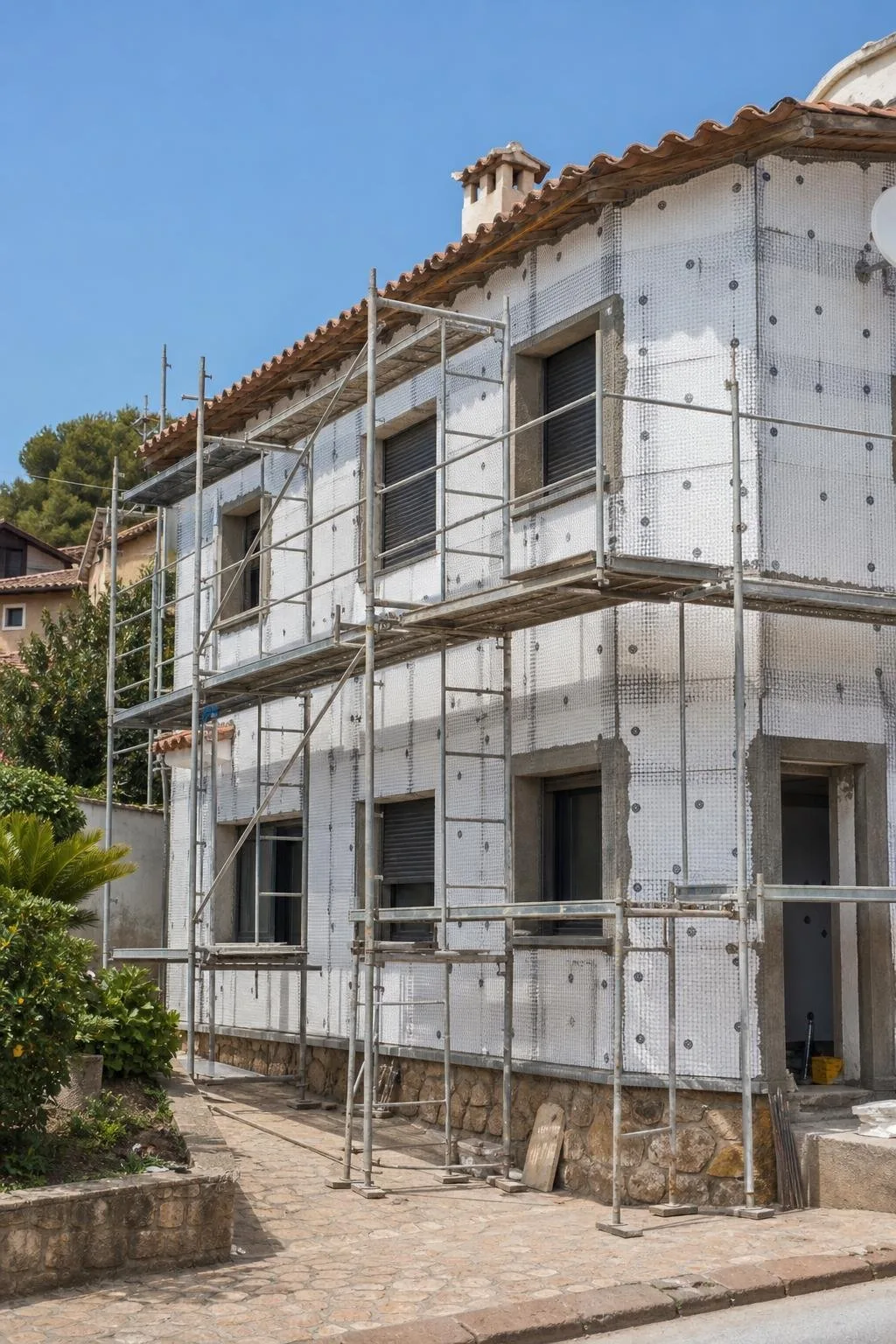 Fachada cubierta con placas aislantes blancas y malla de refuerzo