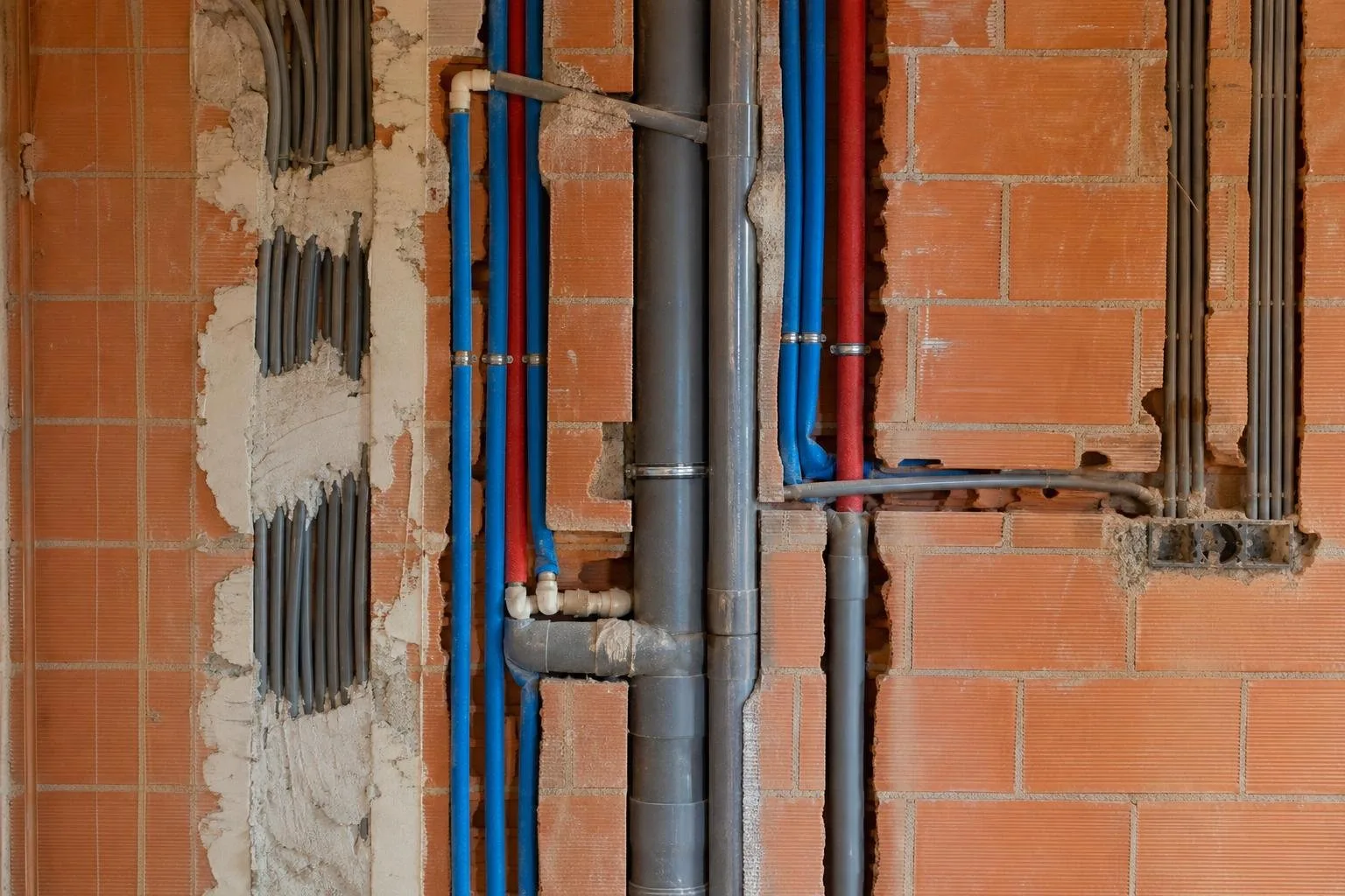 Detalle de instalación nueva de electricidad y fontanería en una pared