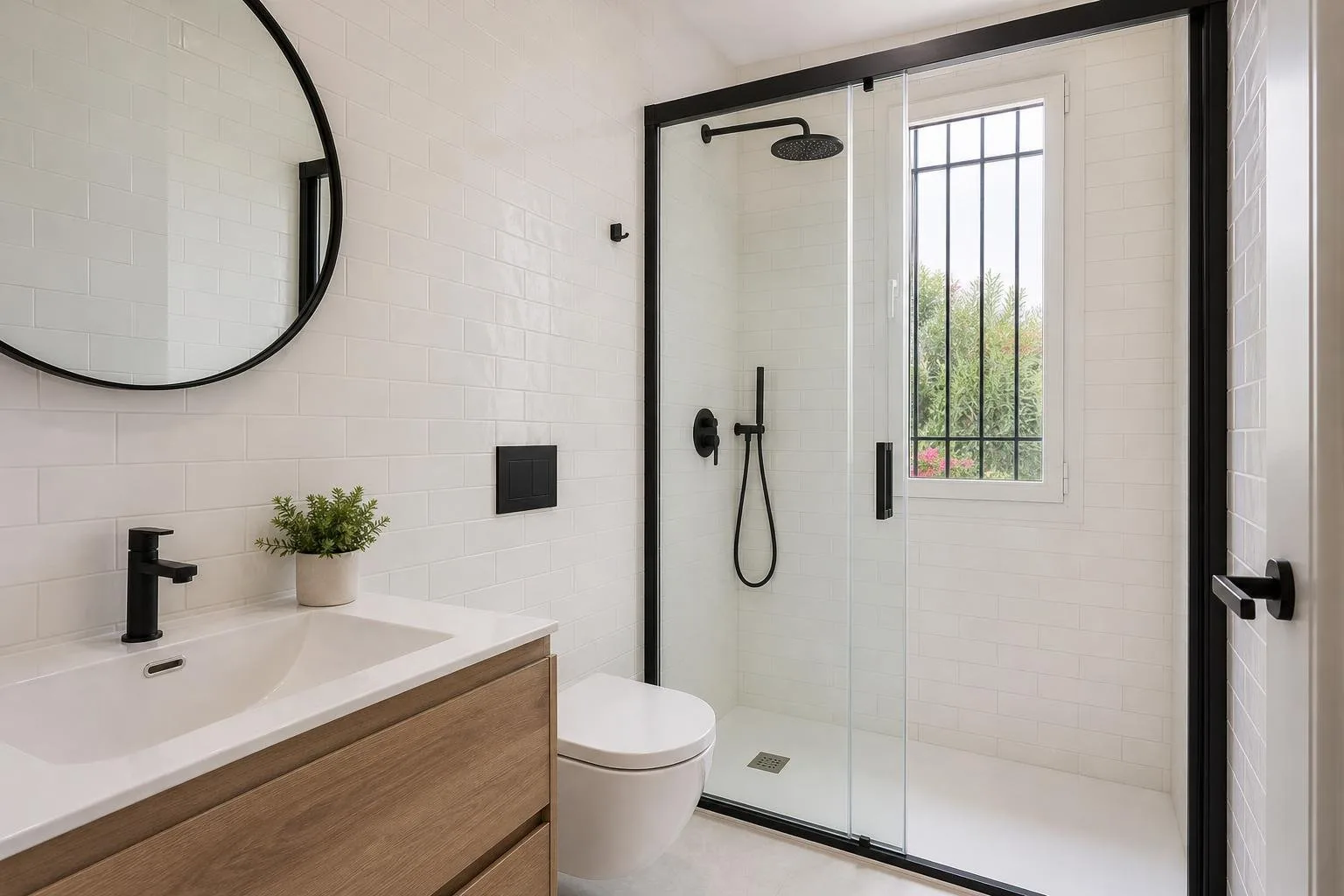 Baño pequeño reformado con azulejo blanco y grifería negra