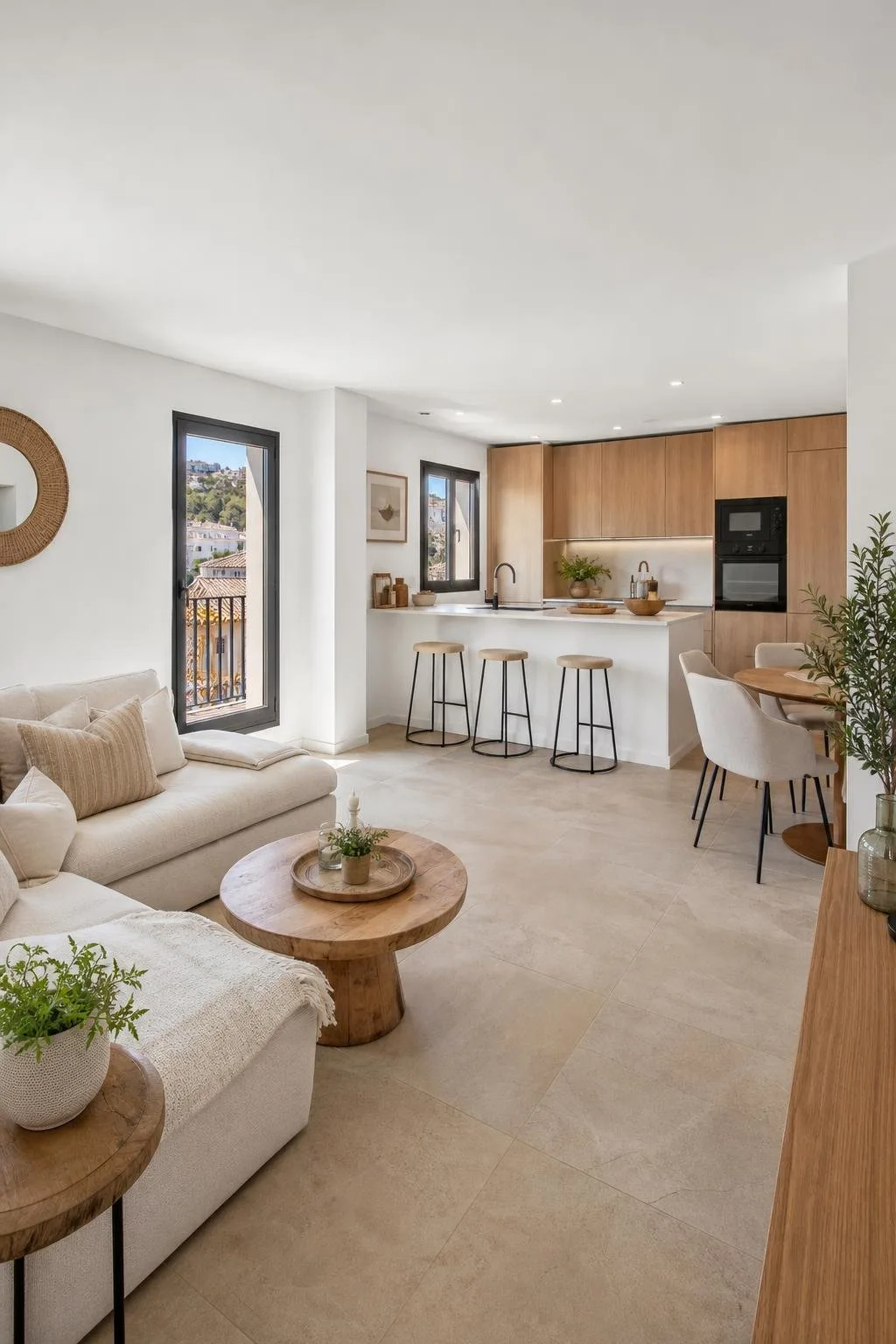 Salón y cocina de una vivienda reformada por completo